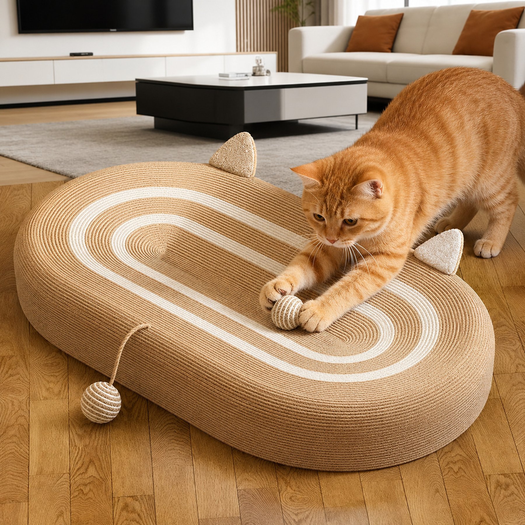 NonoPets Premium Oval Sisal Heavy-Duty Scratching Pad with Interactive Toy Ball Lounge Chew Resistant Bolster Cat Bed, X-Large: 24.4 x 16.1 x 3.94-in