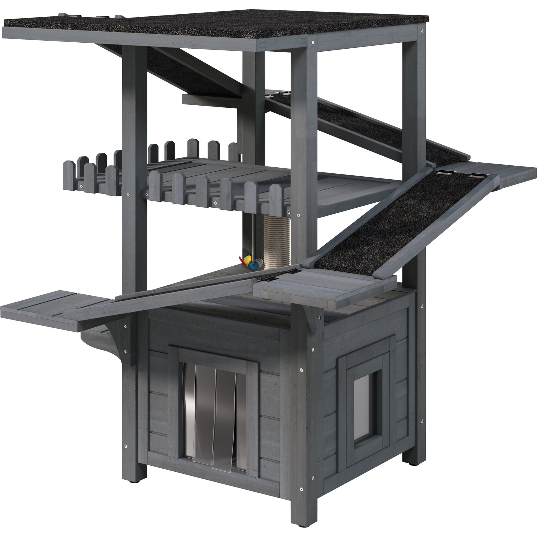 Cesicia 4-Tier Outdoor Wooden Cat House, Tree Tower with Waterproof Roof & 2 Doors, Gray