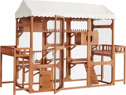 Cesicia Outdoor Wooden Cat House with 2 Plant Stands, Brown