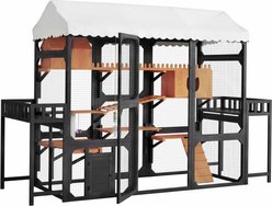 Cesicia Outdoor Wooden Cat House with 2 Plant Stands, Black