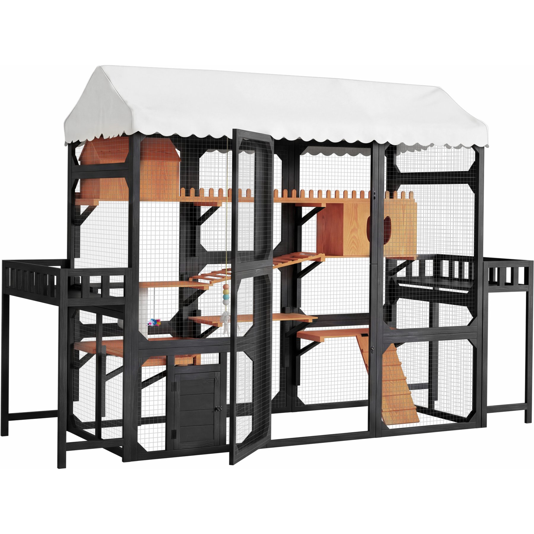 Cesicia Outdoor Wooden Cat House with 2 Plant Stands, Black