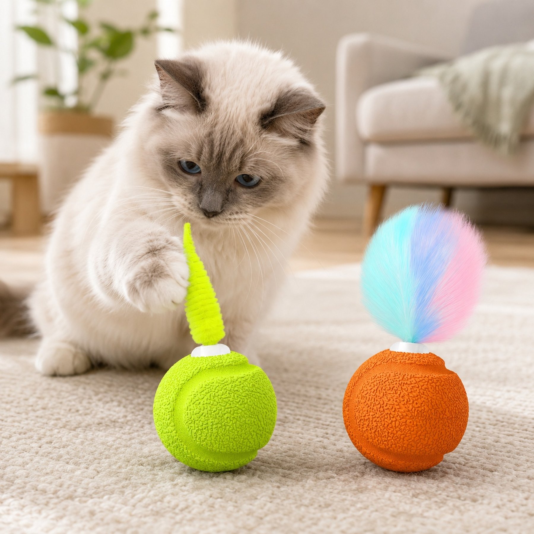 NonoPets Bouncy Interactive Ball with Feather Cat Toys, 2 count