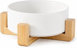 NonoPets Premium Dishwasher Safe Microwavable Lead Free Ceramic Dog & Cat Bowl with Non-Slip Bamboo Stand, 3.54-cup, 6.2 x 6.2 x 3.54-in, White