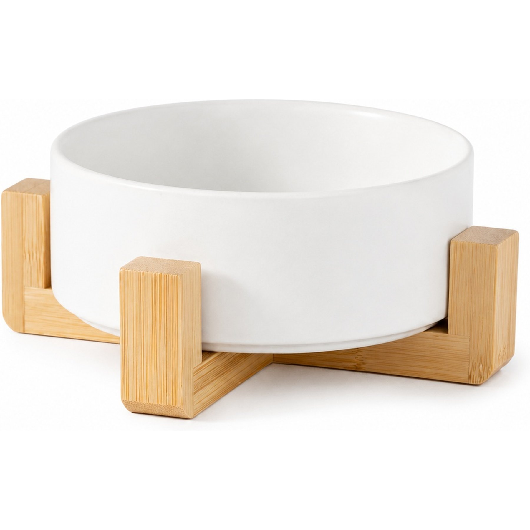 NonoPets Premium Dishwasher Safe Microwavable Lead Free Ceramic Dog & Cat Bowl with Non-Slip Bamboo Stand, 3.54-cup, White