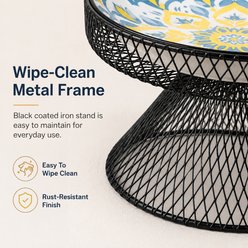 NonoPets Bohemian Wide Shallow Raised Dishwasher Safe Microwavable Lead Free Removable Elevated Ceramic Dog & Cat Bowl with Stable Mesh Stand, 1.04-cup, Yellow slide 2 of 9