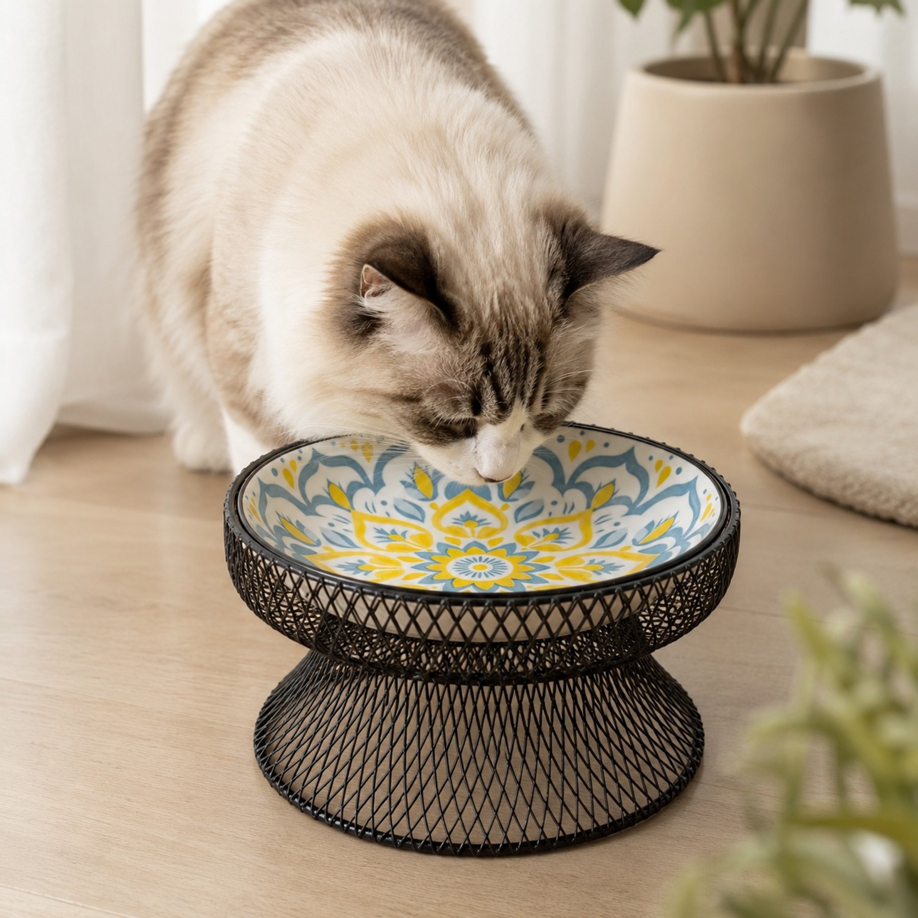 NonoPets Bohemian Wide Shallow Raised Dishwasher Safe Microwavable Lead Free Removable Elevated Ceramic Dog & Cat Bowl with Stable Mesh Stand, 1.04-cup, Blue