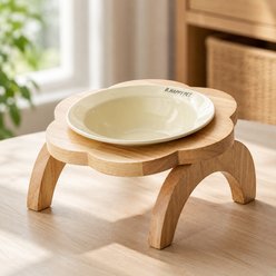 NonoPets Raised Dishwasher Safe Elevated Removable Lead Free Microwavable Ceramic Dog & Cat Bowl with Wooden Stand, 0.83-cup, Cream