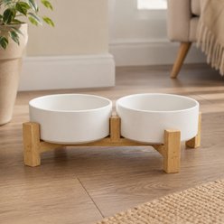 NonoPets Elevated Raised Double Microwavable Lead Free Dishwasher Safe Ceramic Dog & Cat Bowls with Bamboo Stand, 6.8-cup, White