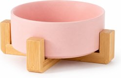 NonoPets Premium Dishwasher Safe Microwavable Lead Free Ceramic Dog & Cat Bowl with Non-Slip Bamboo Stand, 1.67-cup, 5.1 x 5.1 x 2.6-in, Pink