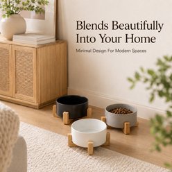 NonoPets Premium Dishwasher Safe Microwavable Lead Free Ceramic Dog & Cat Bowl with Non-Slip Bamboo Stand, 1.67-cup, 5.1 x 5.1 x 2.6-in, White slide 2 of 9