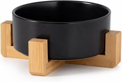 NonoPets Premium Dishwasher Safe Microwavable Lead Free Ceramic Dog & Cat Bowl with Non-Slip Bamboo Stand, 1.67-cup, 5.1 x 5.1 x 2.6-in, Black