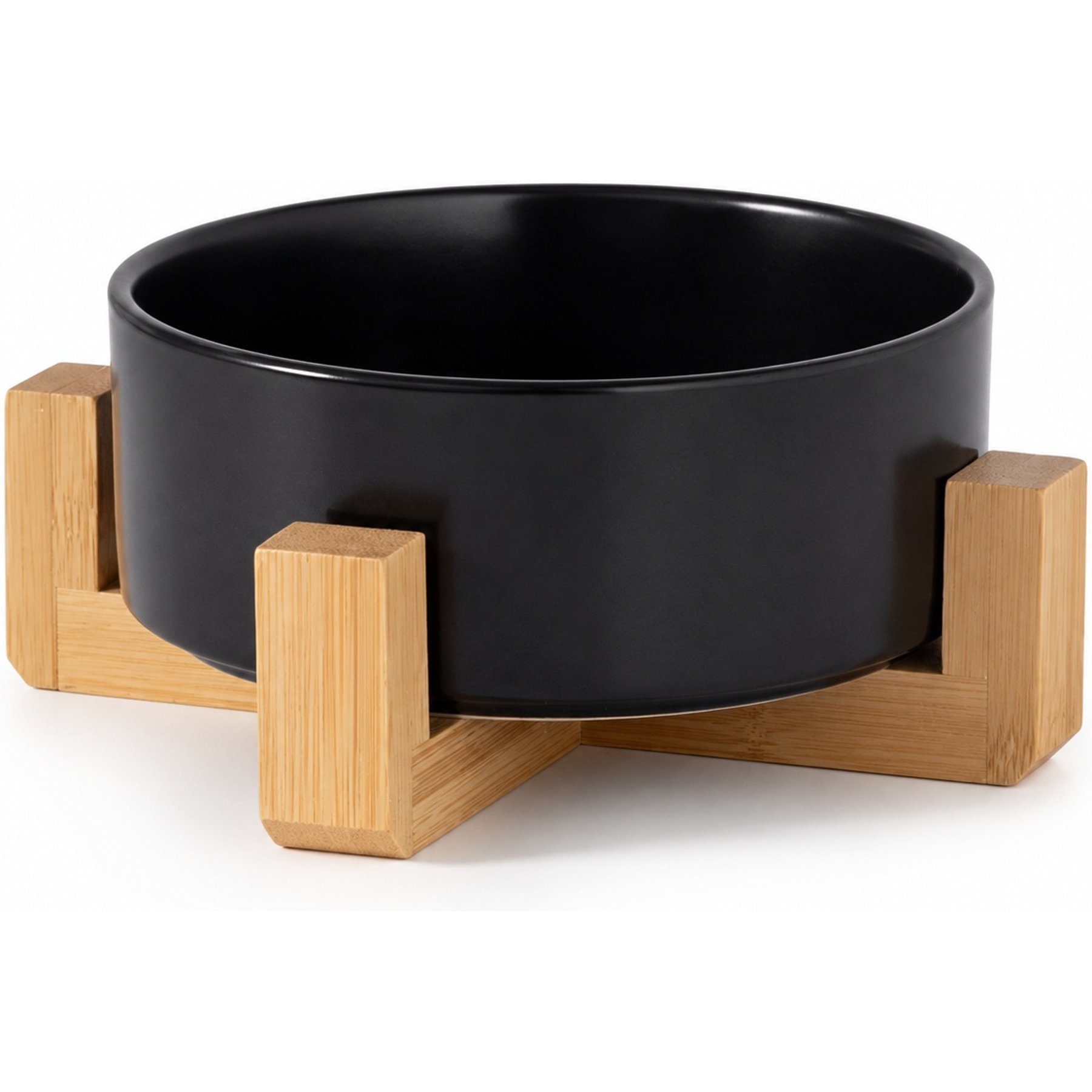 NonoPets Premium Dishwasher Safe Microwavable Lead Free Ceramic Dog & Cat Bowl with Non-Slip Bamboo Stand, 3.54-cup, Black