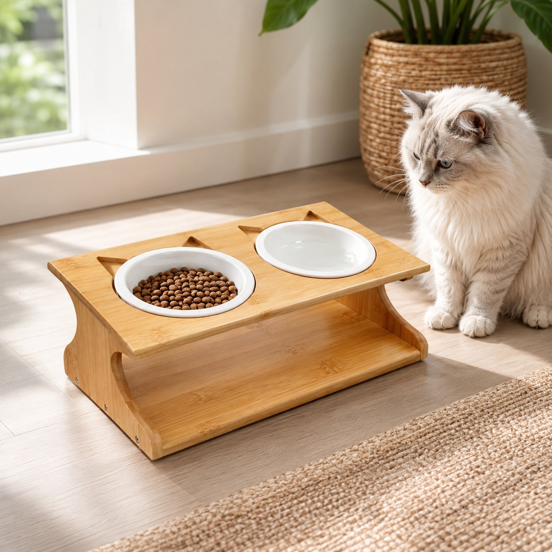 NonoPets Raised Double Dishwasher Safe Microwavable Removable Elevated Ceramic Dog & Cat Bowls with Bamboo Stand, 1.42-cup, 13.8 x 6.9 x 5.1-in