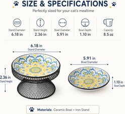 NonoPets Bohemian Wide Shallow Raised Dishwasher Safe Microwavable Lead Free Removable Elevated Ceramic Dog & Cat Bowl with Stable Mesh Stand, 1.04-cup, Green slide 2 of 9