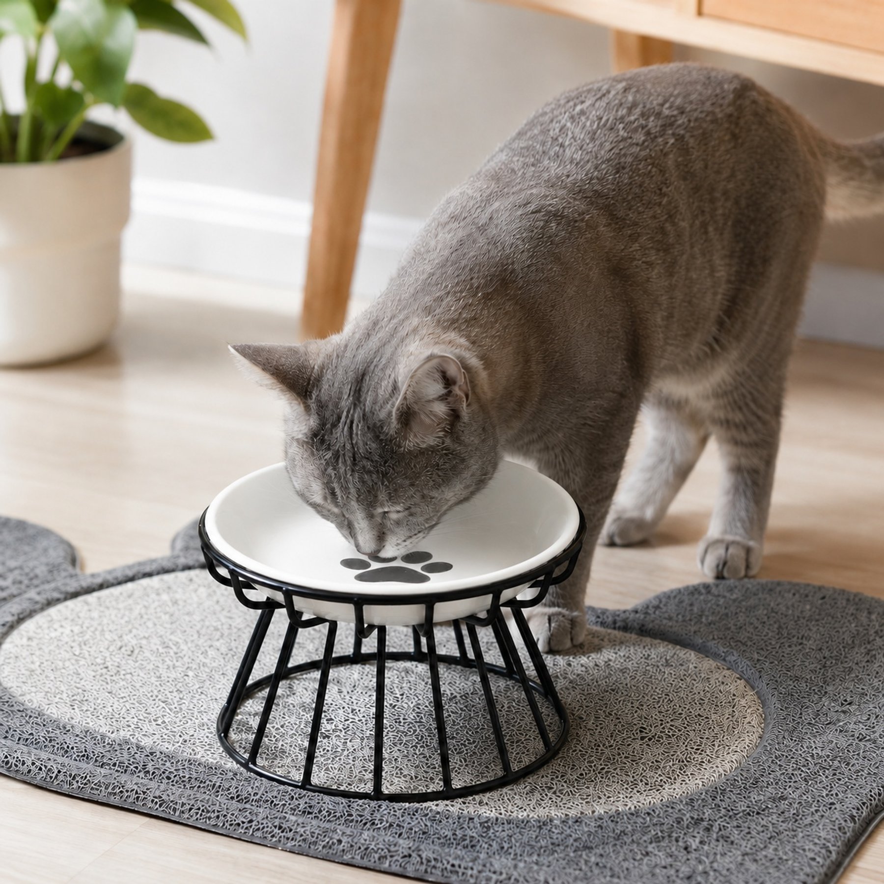 NonoPets Cat Paw Wide Shallow Raised Dishwasher Safe Microwavable Lead Free Removable Elevated Ceramic Dog & Cat Bowl with Metal Stand, 1.04-cup