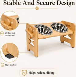 NonoPets Tilted Raised Adjustable Dishwasher Safe Removable Lead Free Double Elevated Stainless Steel Dog & Cat Bowls with Bamboo Stand, 4.16-cup, 14.2 x 5.5 x 5.5-in slide 2 of 8