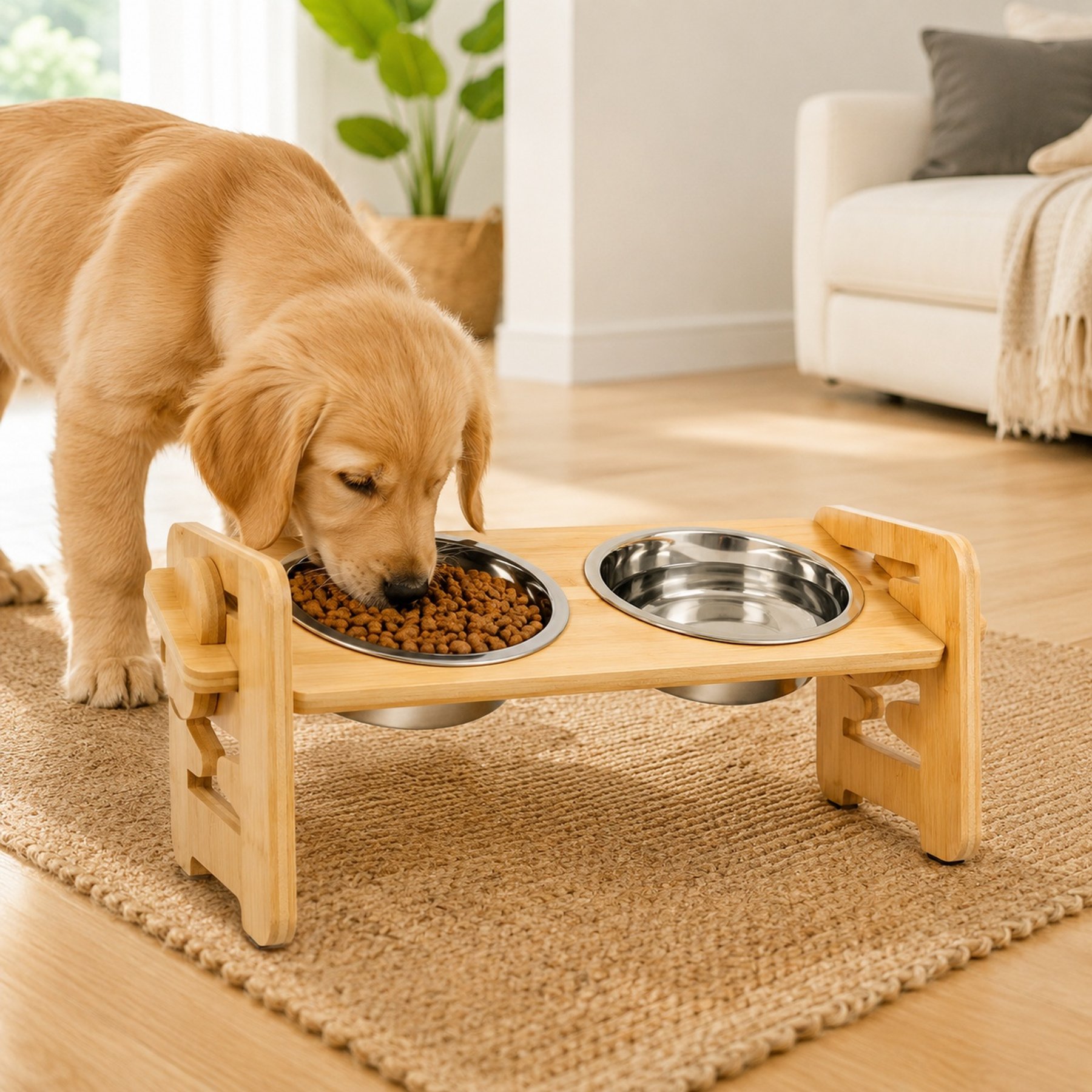 NonoPets Tilted Raised Adjustable Dishwasher Safe Removable Lead Free Double Elevated Stainless Steel Dog & Cat Bowls with Bamboo Stand, 5.84-cup, 16.7 x 6.5 x 7.5-in