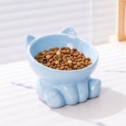 NonoPets Cute Kitty Shaped Neck Protection Dishwasher Safe Lead Free Microwavable Elevated Ceramic Cat Bowl with 15° Tilted Design, 1-cup, Blue