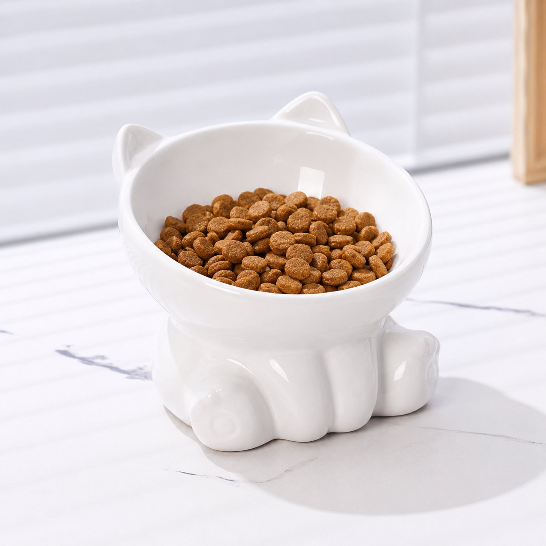 NonoPets Cute Kitty Shaped Neck Protection Dishwasher Safe Lead Free Microwavable Elevated Ceramic Cat Bowl with 15° Tilted Design, 1-cup, White