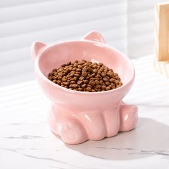 NonoPets Cute Kitty Shaped Neck Protection Dishwasher Safe Lead Free Microwavable Elevated Ceramic Cat Bowl with 15° Tilted Design, 1-cup, Pink