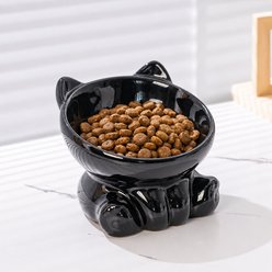NonoPets Cute Kitty Shaped Neck Protection Dishwasher Safe Lead Free Microwavable Elevated Ceramic Cat Bowl with 15° Tilted Design, 1-cup, Black