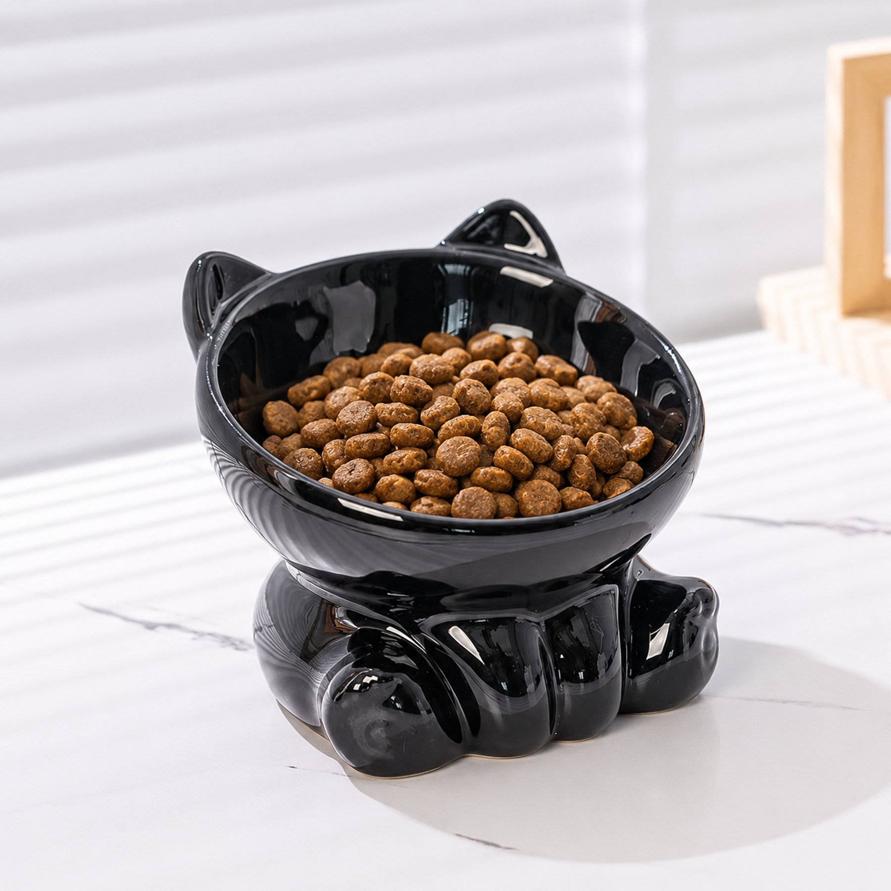 NonoPets Cute Kitty Shaped Neck Protection Dishwasher Safe Lead Free Microwavable Elevated Ceramic Cat Bowl with 15° Tilted Design, 1-cup, Black