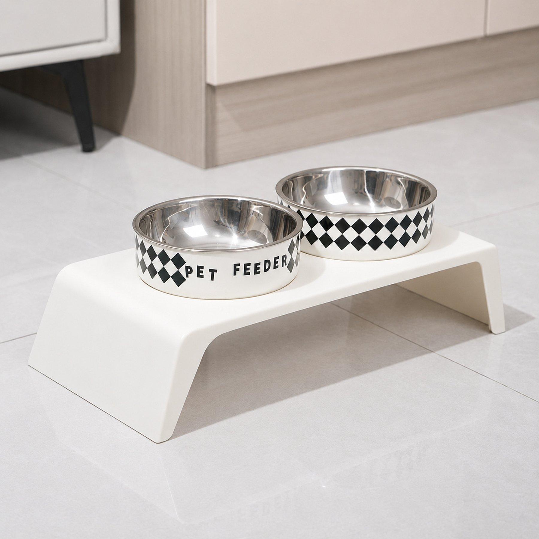 NonoPets Raised Double Elevated Dishwasher Safe Removable Lead Free Stainless Steel Dog & Cat Bowls, 3.3-cup, Black & White Plaid