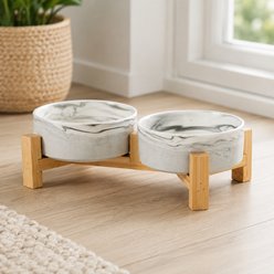 NonoPets Elevated Raised Double Microwavable Lead Free Dishwasher Safe Ceramic Dog & Cat Bowls with Bamboo Stand, 6.8-cup, Marble Grey