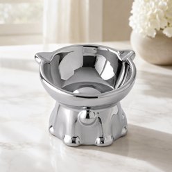 NonoPets Mirror-Finish Tilted Raised Electroplated Dishwasher Safe Elevated Ceramic Dog & Cat Bowl with Sturdy Weighted Base, 1.04-cup, Silver