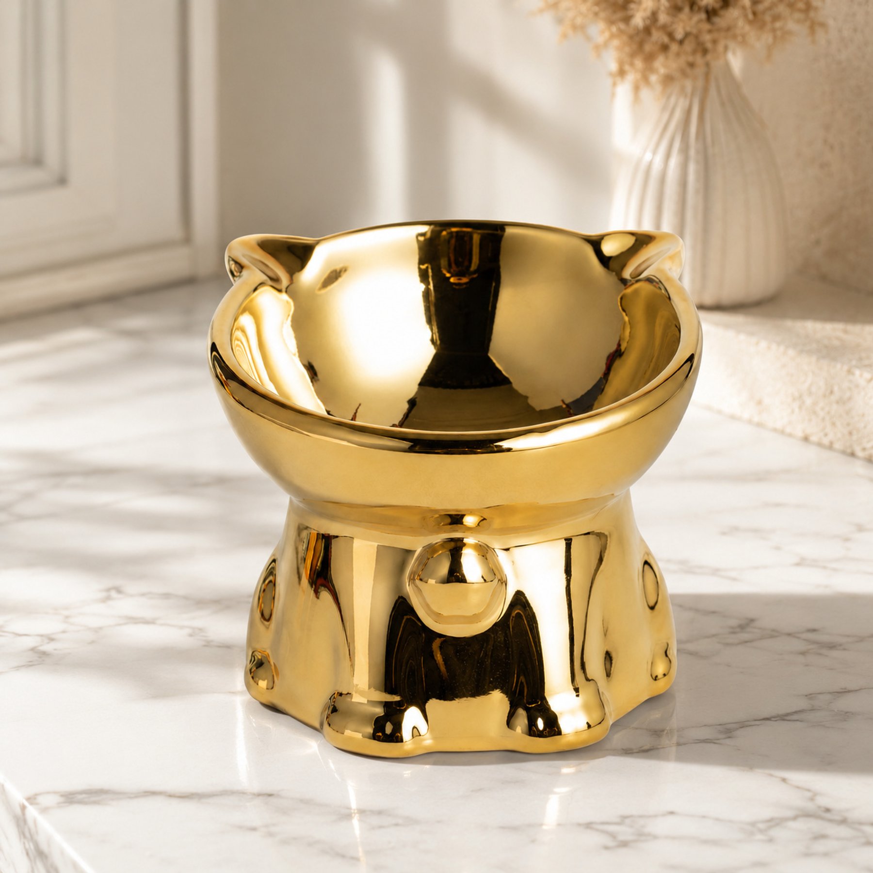 NonoPets Mirror-Finish Tilted Raised Electroplated Dishwasher Safe Elevated Ceramic Dog & Cat Bowl with Sturdy Weighted Base, 1.04-cup, Gold