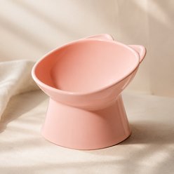 NonoPets Raised Kitty Shaped Neck Protection Elevated Dishwasher Safe Ceramic Plastic Cat Bowl with Tilted Design, 5.3-cup, Pink