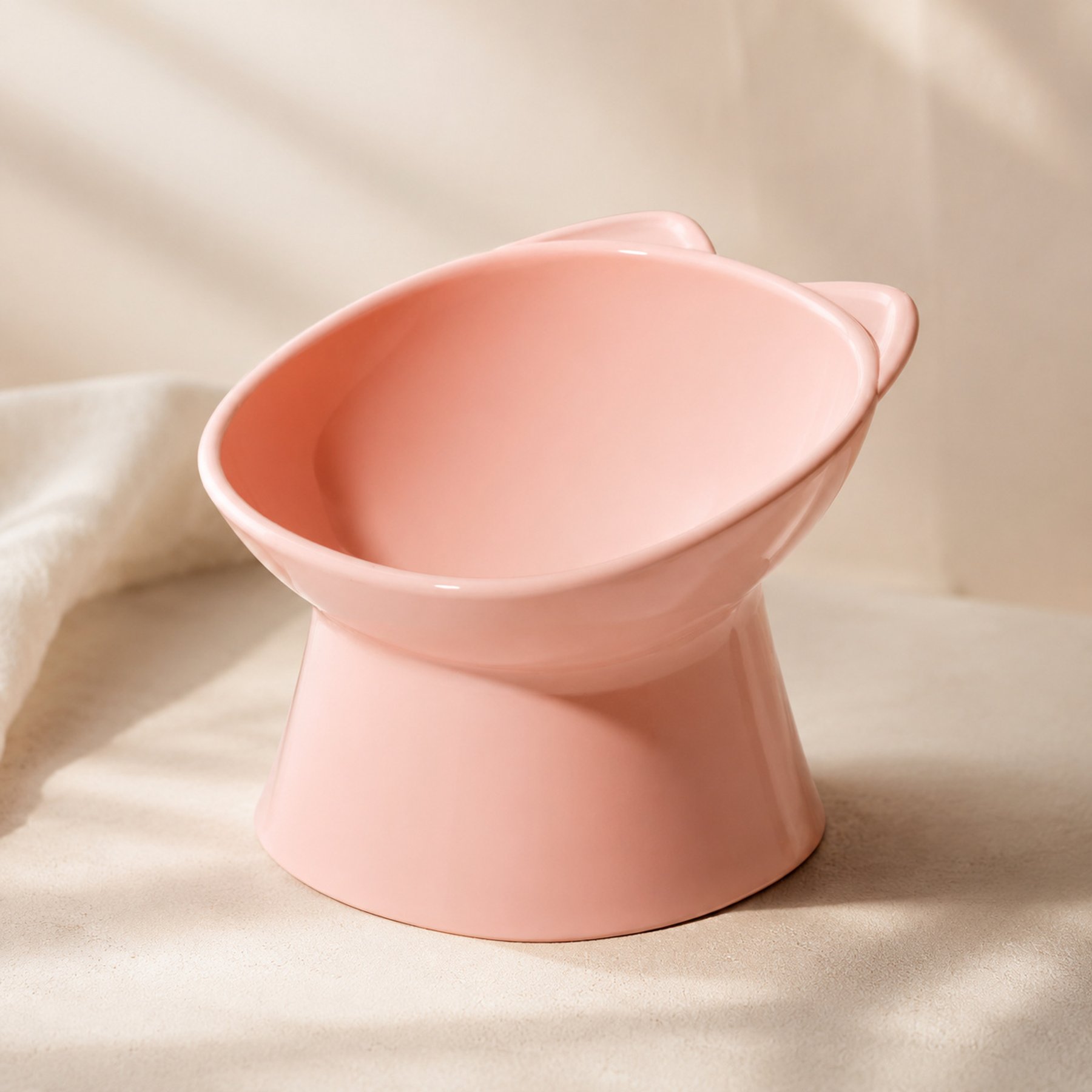 NonoPets Raised Kitty Shaped Neck Protection Elevated Dishwasher Safe Ceramic Plastic Cat Bowl with Tilted Design, 5.3-cup, Pink