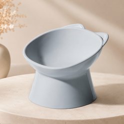 NonoPets Raised Kitty Shaped Neck Protection Elevated Dishwasher Safe Ceramic Plastic Cat Bowl with Tilted Design, 5.3-cup, Grey