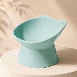 NonoPets Raised Kitty Shaped Neck Protection Elevated Dishwasher Safe Ceramic Plastic Cat Bowl with Tilted Design, 5.3-cup, Blue