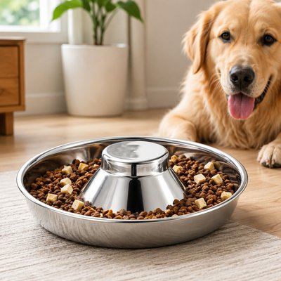 NonoPets NonoPets Raised Center Anti-Choking Dishwasher Safe Lead Free Stainless Steel Slow Feeder Dog & Cat Bowl, 8-cup