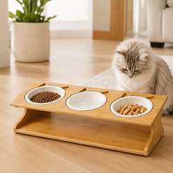 NonoPets Raised Triple Dishwasher Safe Microwavable Removable Elevated Ceramic Dog & Cat Bowls with Bamboo Stand, 2.13-cup, 20.1 x 6.9 x 5.1-in