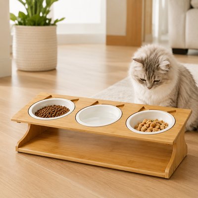 NonoPets NonoPets Raised Triple Dishwasher Safe Microwavable Removable Elevated Ceramic Dog & Cat Bowls with Bamboo Stand, 2.13-cup, 20.1 x 6.9 x 5.1-in