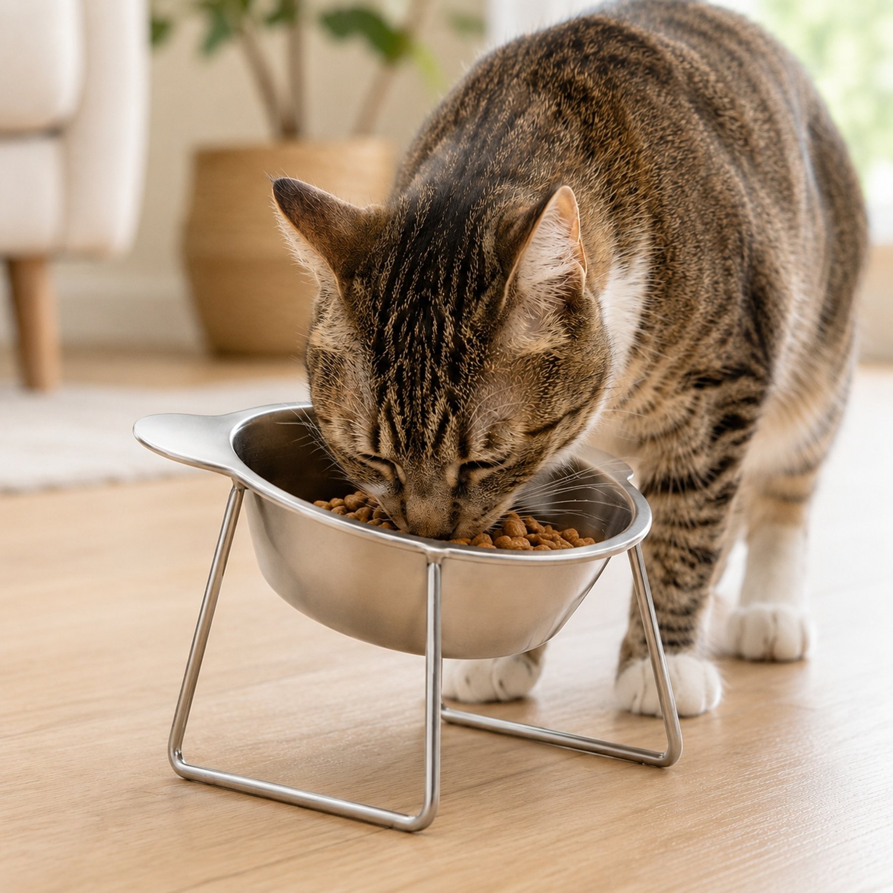 NonoPets 15° Tilted Neck Protection Dishwasher Safe Lead Free Removable Elevated Stainless Steel Cat Bowl with Non-Slip Metal Stand, 1.75-cup