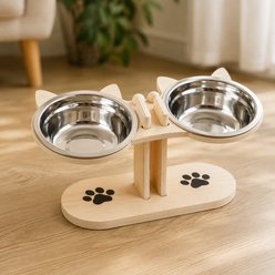 NonoPets Raised Double/Triple Dishwasher Safe Removable Lead Free Elevated Stainless Steel Dog & Cat Bowls with Wooden Stand, 2.5-cup, 12.2 x 5.9 x 6.3-in