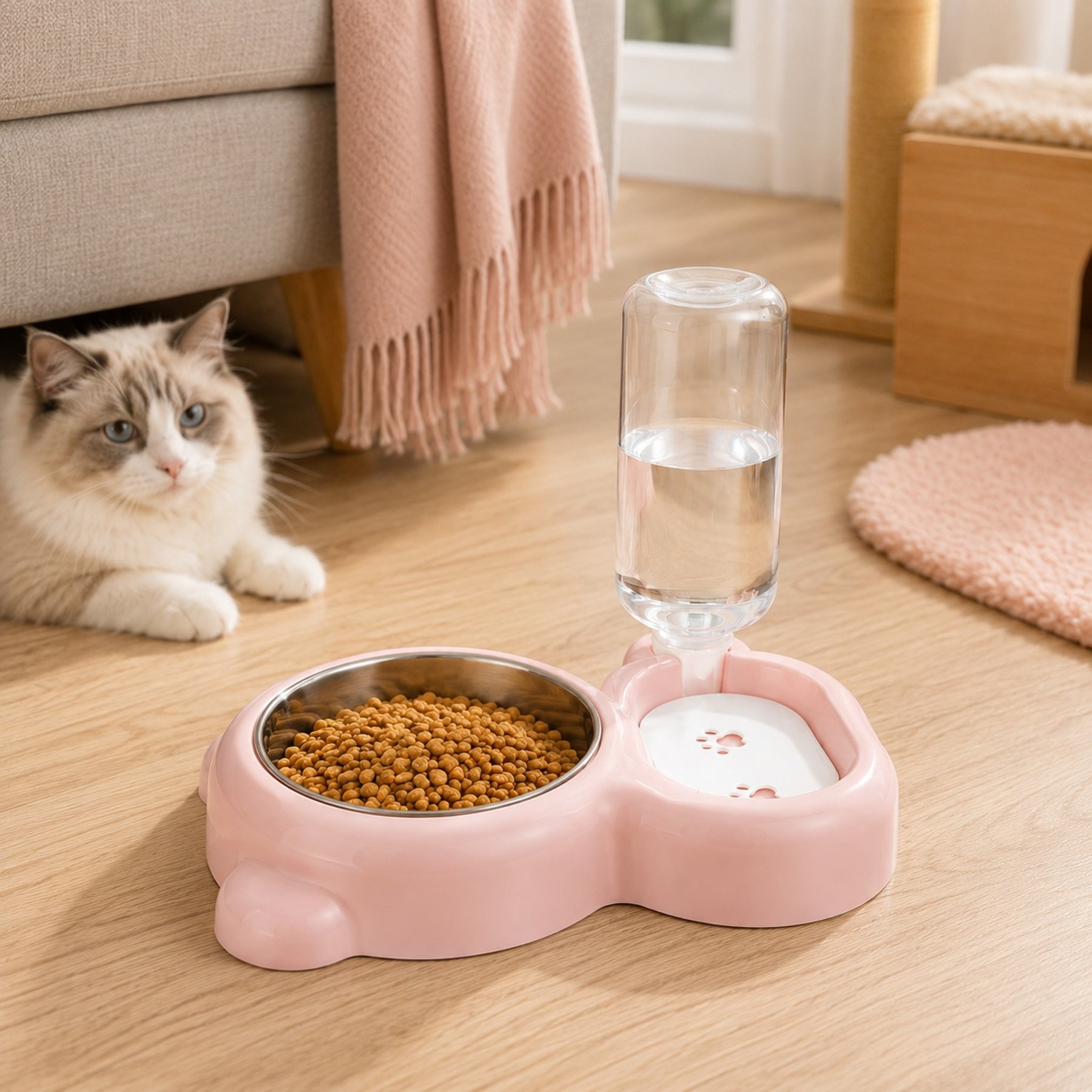 NonoPets 2-in-1 Automatic Dishwasher Safe Lead Free Removable Stainless Steel Dog & Cat Waterer & Food Bowl, 3.2-cup, Pink