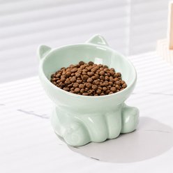 NonoPets Cute Kitty Shaped Neck Protection Dishwasher Safe Lead Free Microwavable Elevated Ceramic Cat Bowl with 15° Tilted Design, 1-cup, Green