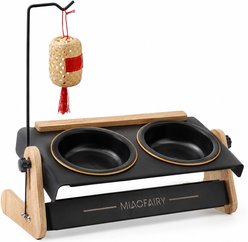NonoPets Adjustable Raised Elevated Dishwasher Safe Removable Lead Free Double Ceramic Dog & Cat Bowls with Unique Decorative Wood Stand & Lantern Accent, 0.83-cup, Black