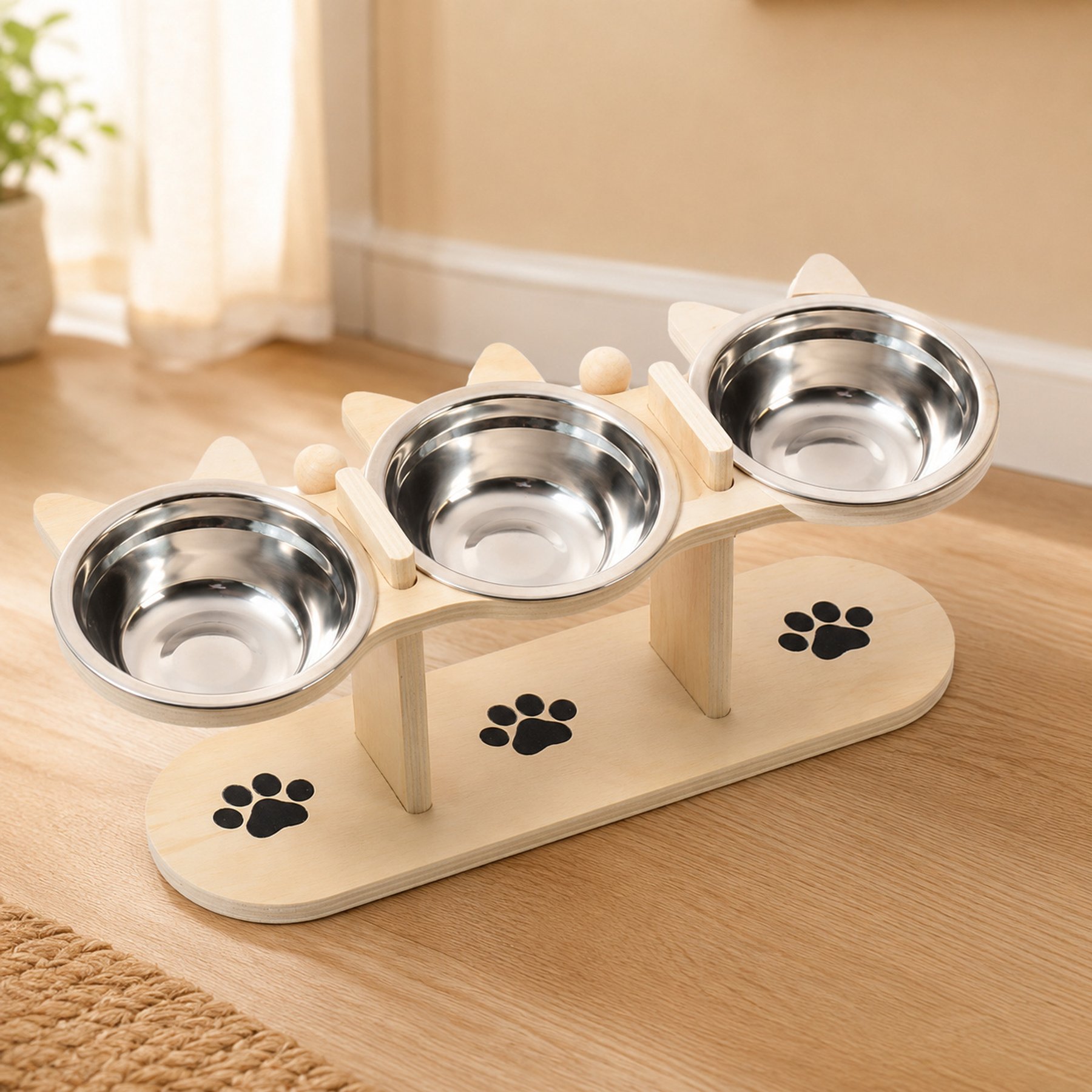 NonoPets Raised Double/Triple Elevated Dishwasher Safe Removable Lead Free Stainless Steel Dog & Cat Bowls with Wooden Stand, 3.75-cup, 16.5 x 5.7 x 6.3-in