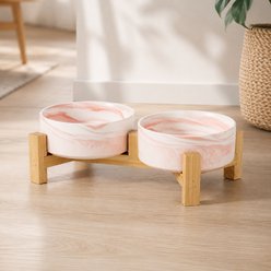 NonoPets Elevated Raised Double Microwavable Lead Free Dishwasher Safe Ceramic Dog & Cat Bowls with Bamboo Stand, 6.8-cup, Marble Pink Grey slide 1 of 9