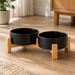 NonoPets Elevated Raised Double Microwavable Lead Free Dishwasher Safe Ceramic Dog & Cat Bowls with Bamboo Stand, 6.8-cup, Black