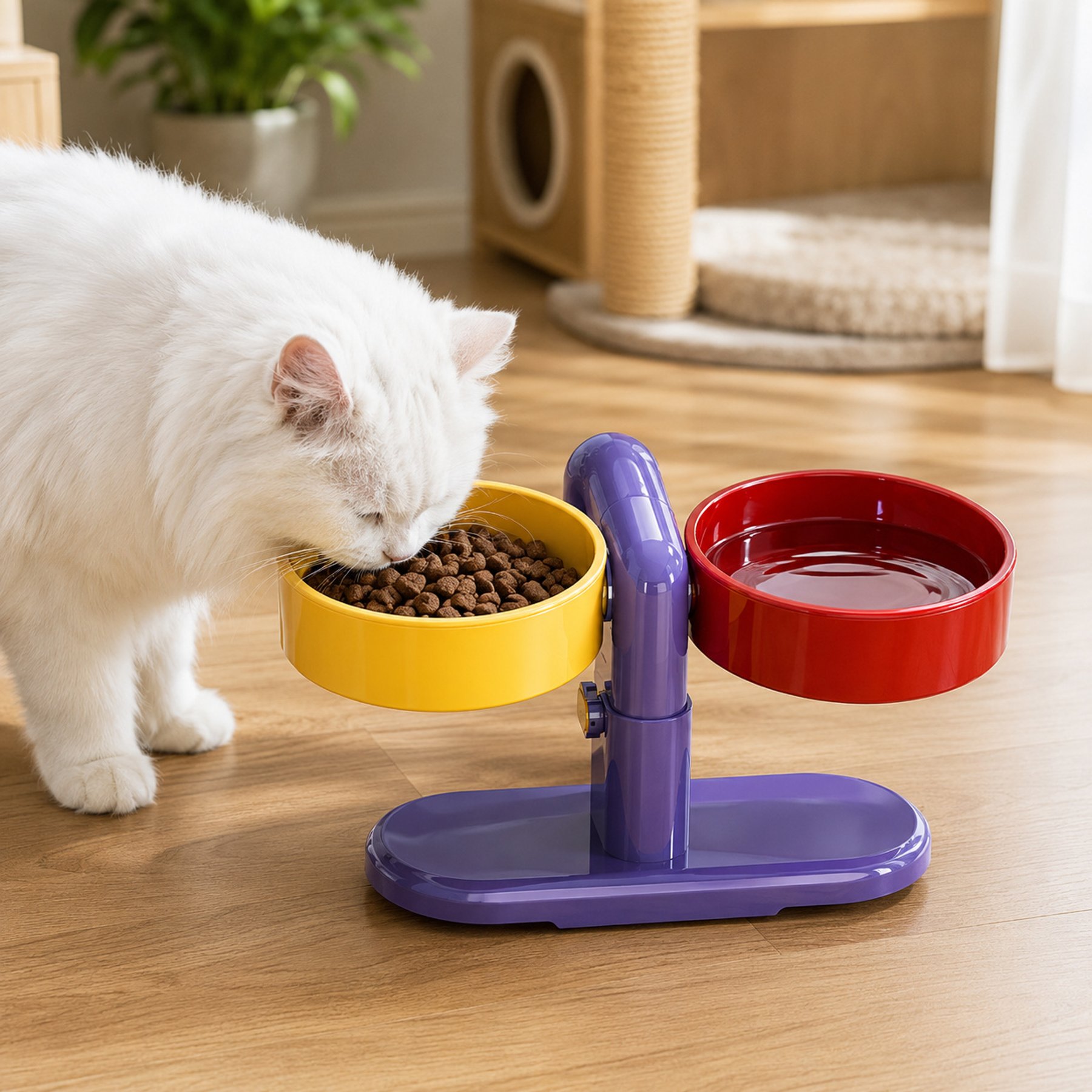 NonoPets 2-in-1 Rotating Ceramic Adjustable Elevated Removable Dishwasher Safe Plastic Dog & Cat Bowls, 1.25-cup, Purple