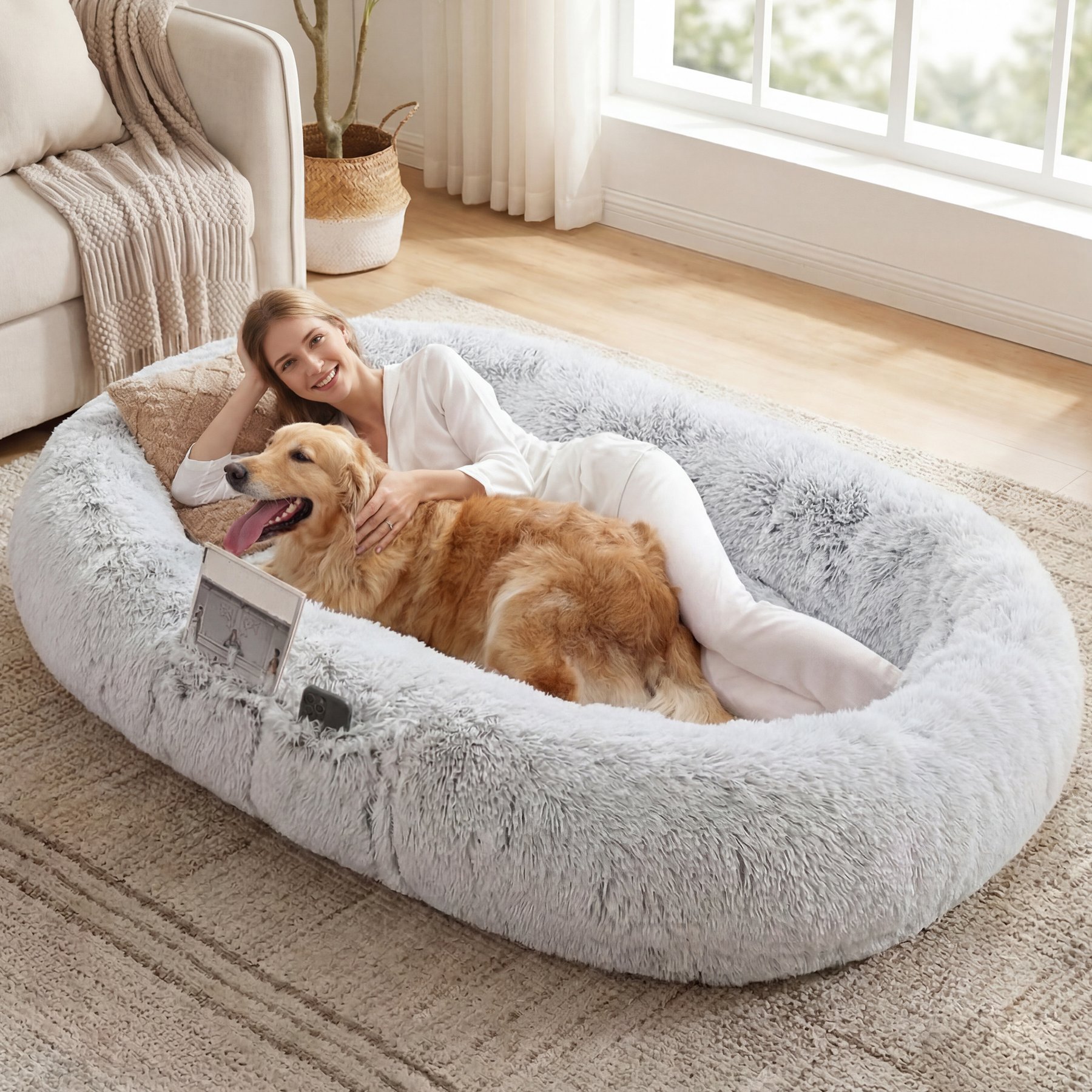 Yafylly Oversized Faux Fur Human Dog Bed, Grey