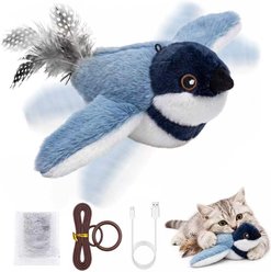 Casfuy Touch Activated Interactive Chirping Flapping Bird Cat Toy with Catnip & Hangable Design, Grey