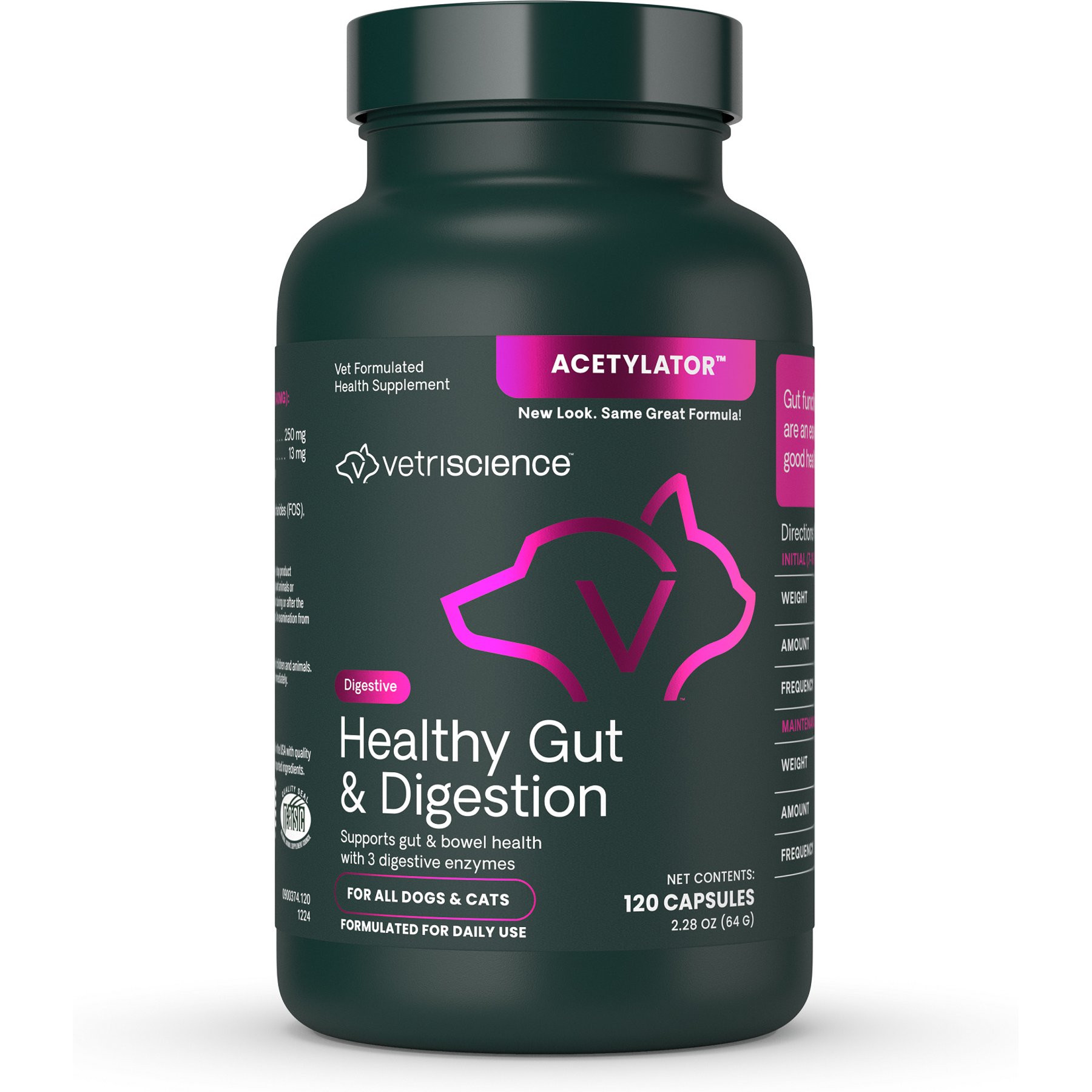 VetriScience Acetylator Capsules Digestive Supplement for Cats & Dogs, 120 count