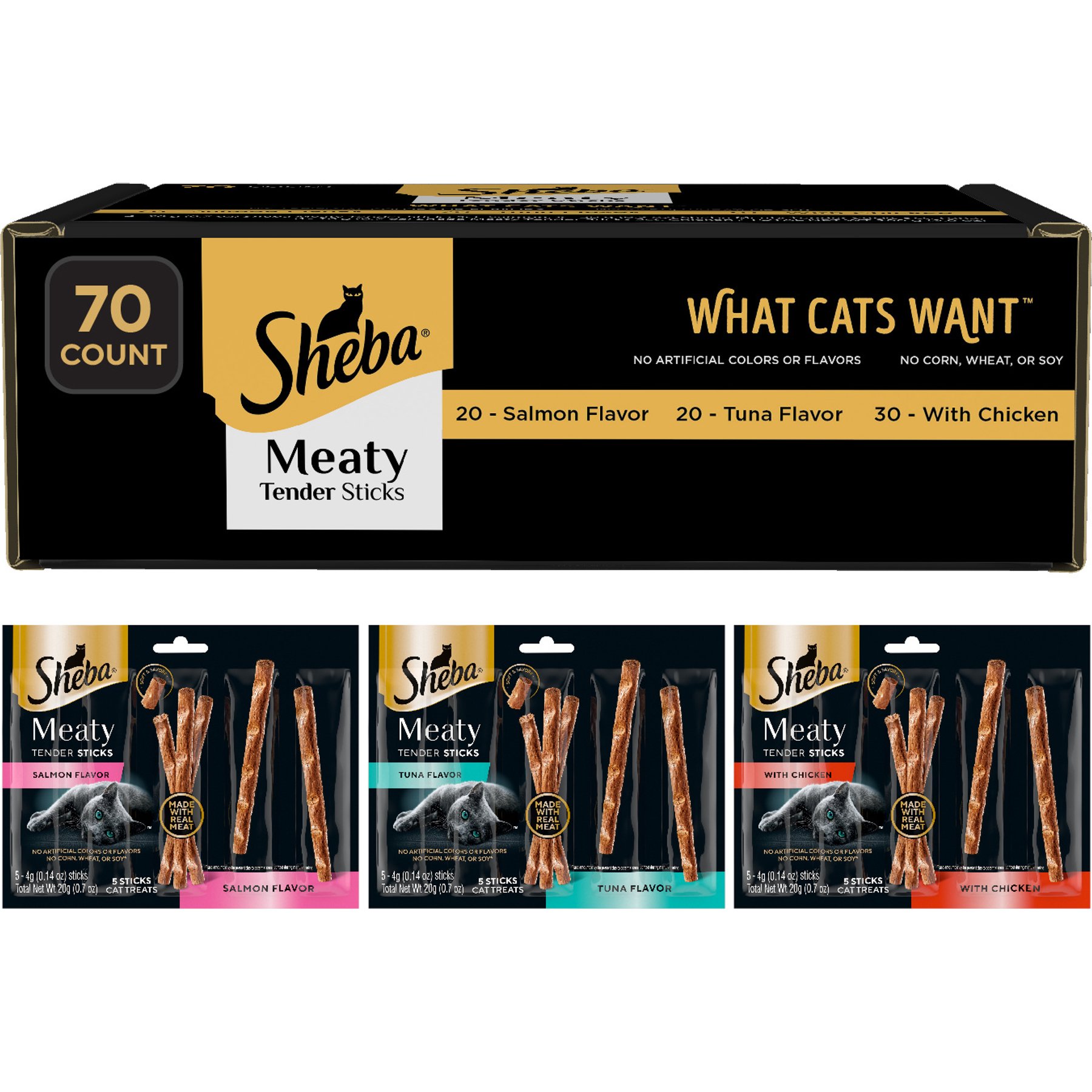 Sheba Meaty Tender Sticks Variety Pack Chicken, Salmon & Tuna Flavor Soft Cat Treats, 70 count